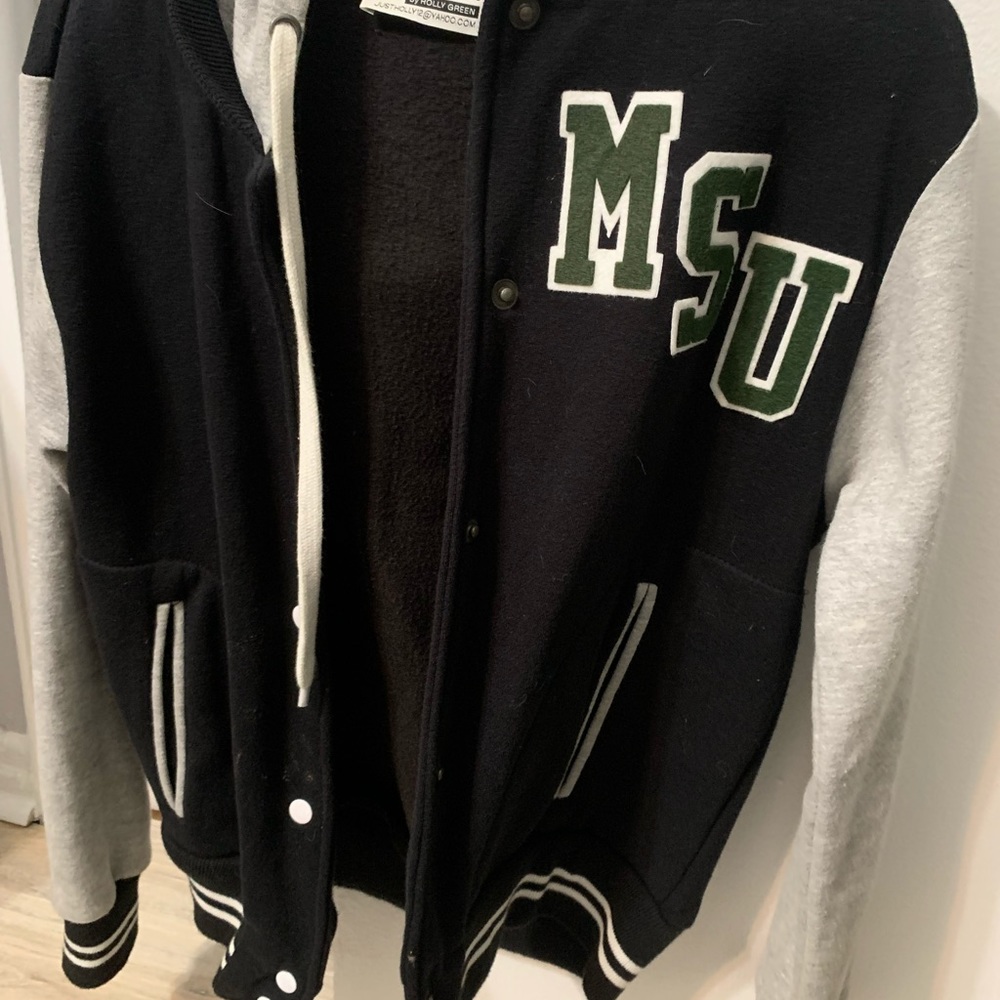 COPY - Michigan State University Varsity fleece Jacket. Black, w grey sleeves a…